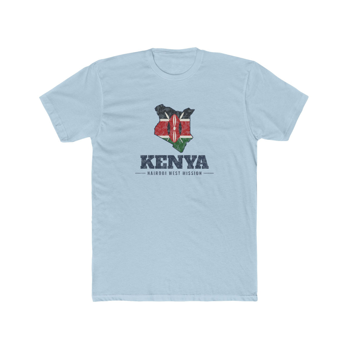 Kenya Nairobi West Mission Flag Map shirt in Desert Pink: flag of Kenya in the outline of Kenya with navy lettering, front view
