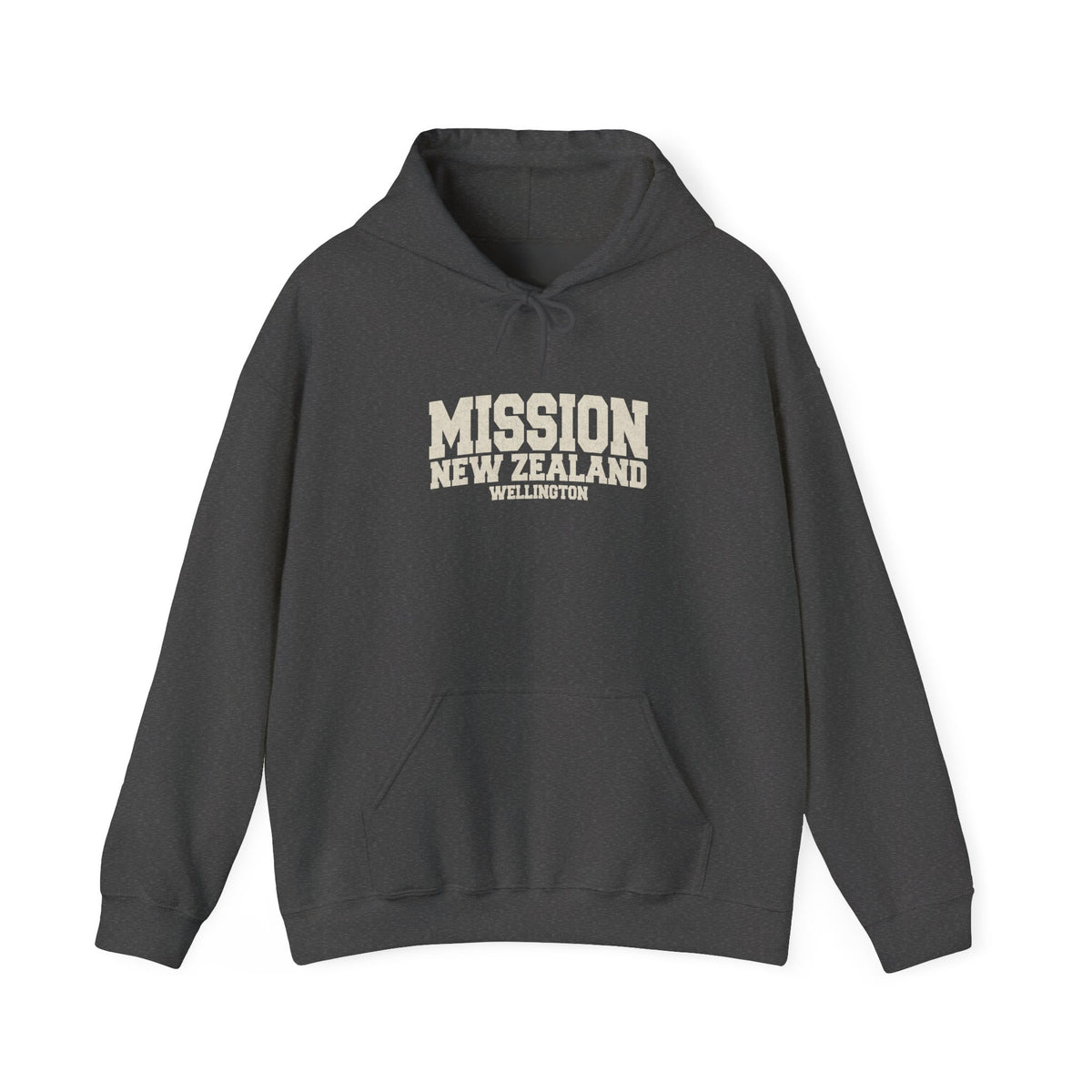 New Zealand Wellington Mission Hoodie in Dark Heather, front view with the varsity mission design