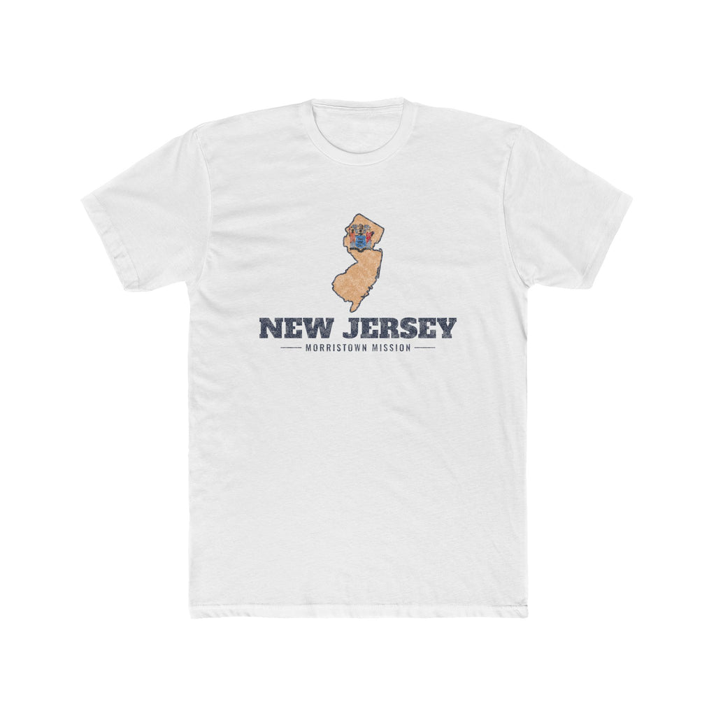 New Jersey Morristown Mission Flag Map shirt in White: New Jersey state flag in the outline of New Jersey with navy lettering, front view