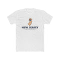 New Jersey Morristown Mission Flag Map shirt in White: New Jersey state flag in the outline of New Jersey with navy lettering, front view