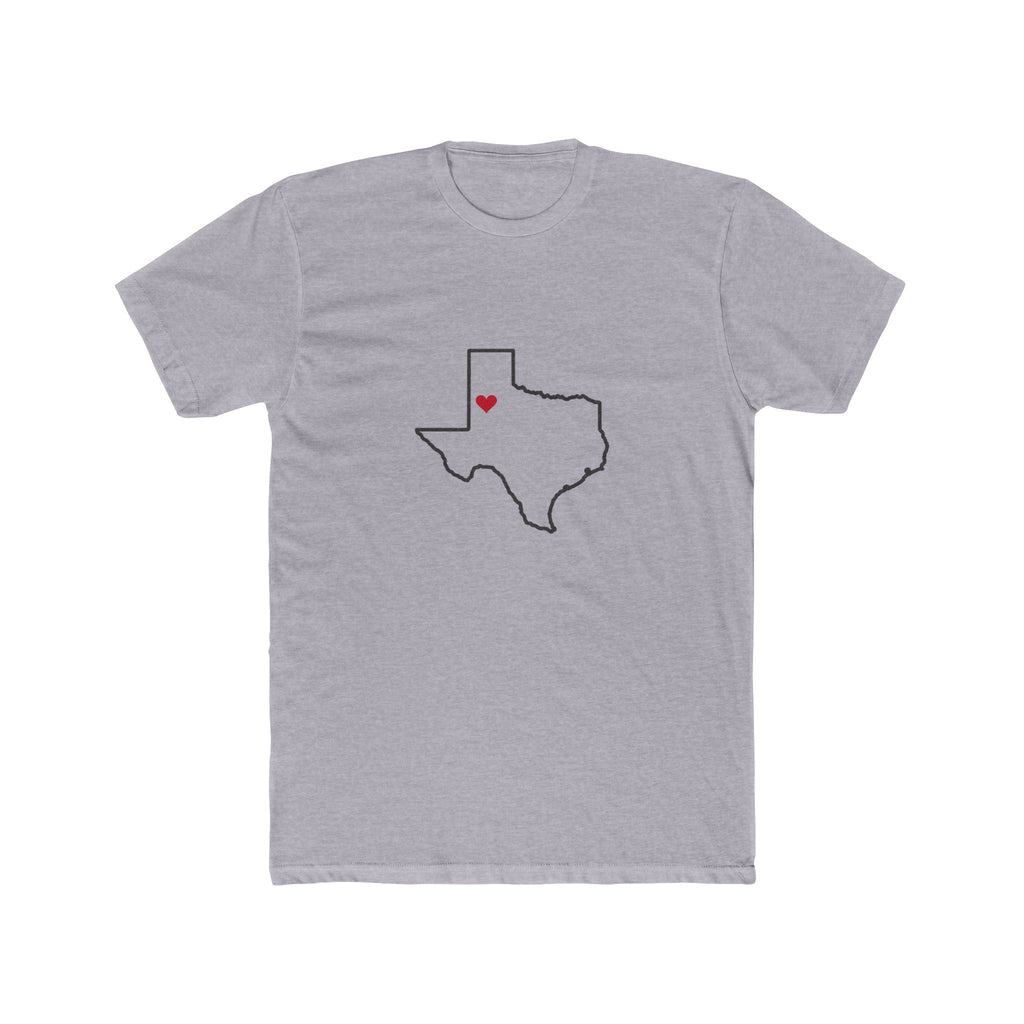 Texas Lubbock Mission Heart Map shirt in Heather Grey: Texas outline with a red heart, front view