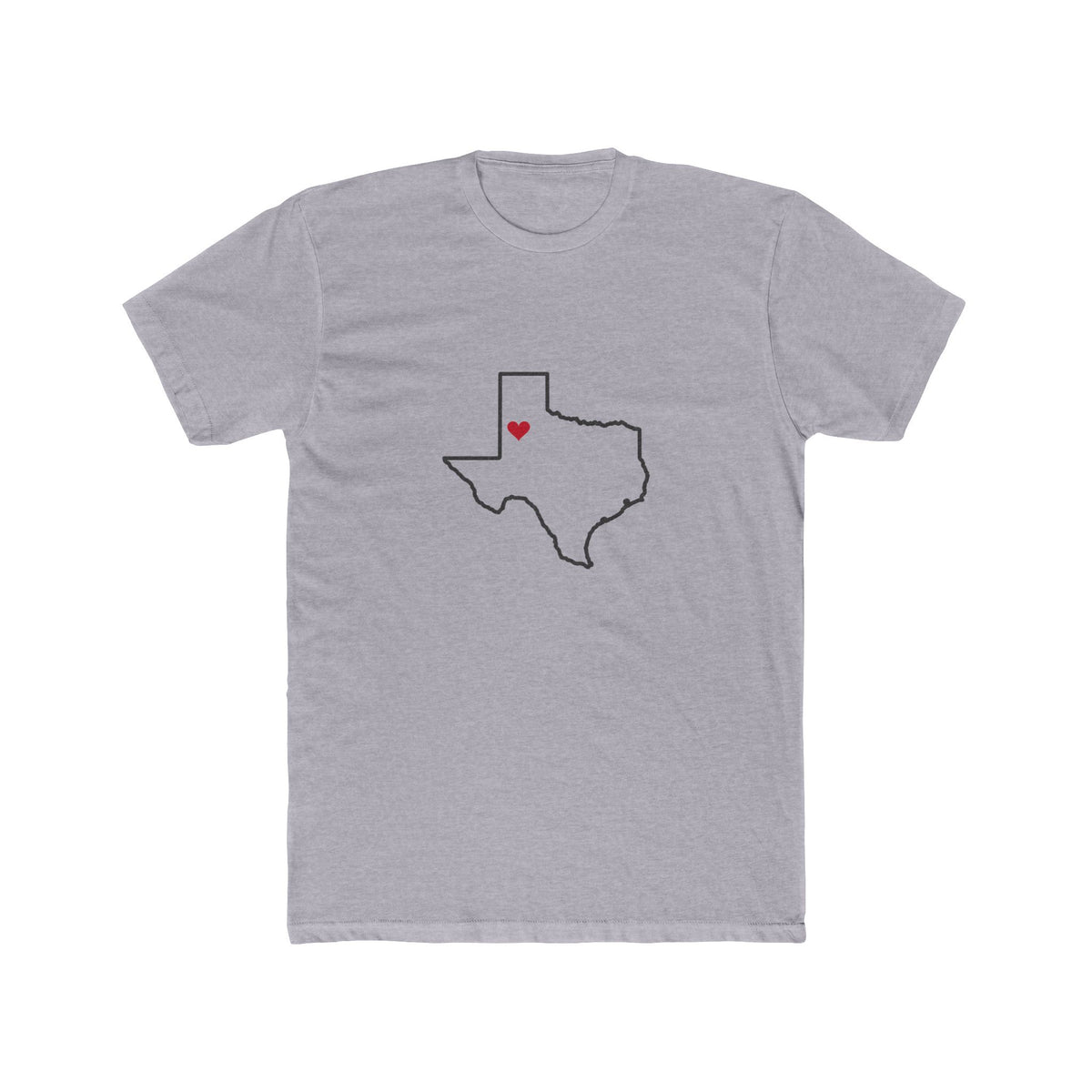 Texas Lubbock Mission Heart Map shirt in Heather Grey: Texas outline with a red heart, front view