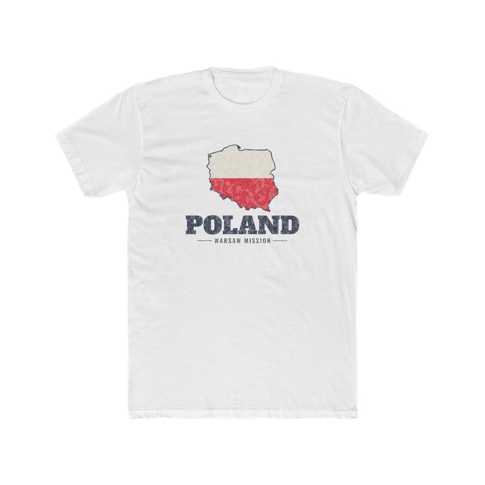 Poland Warsaw Mission Flag Map shirt in White: flag of Poland in the outline of Poland with navy lettering, front view