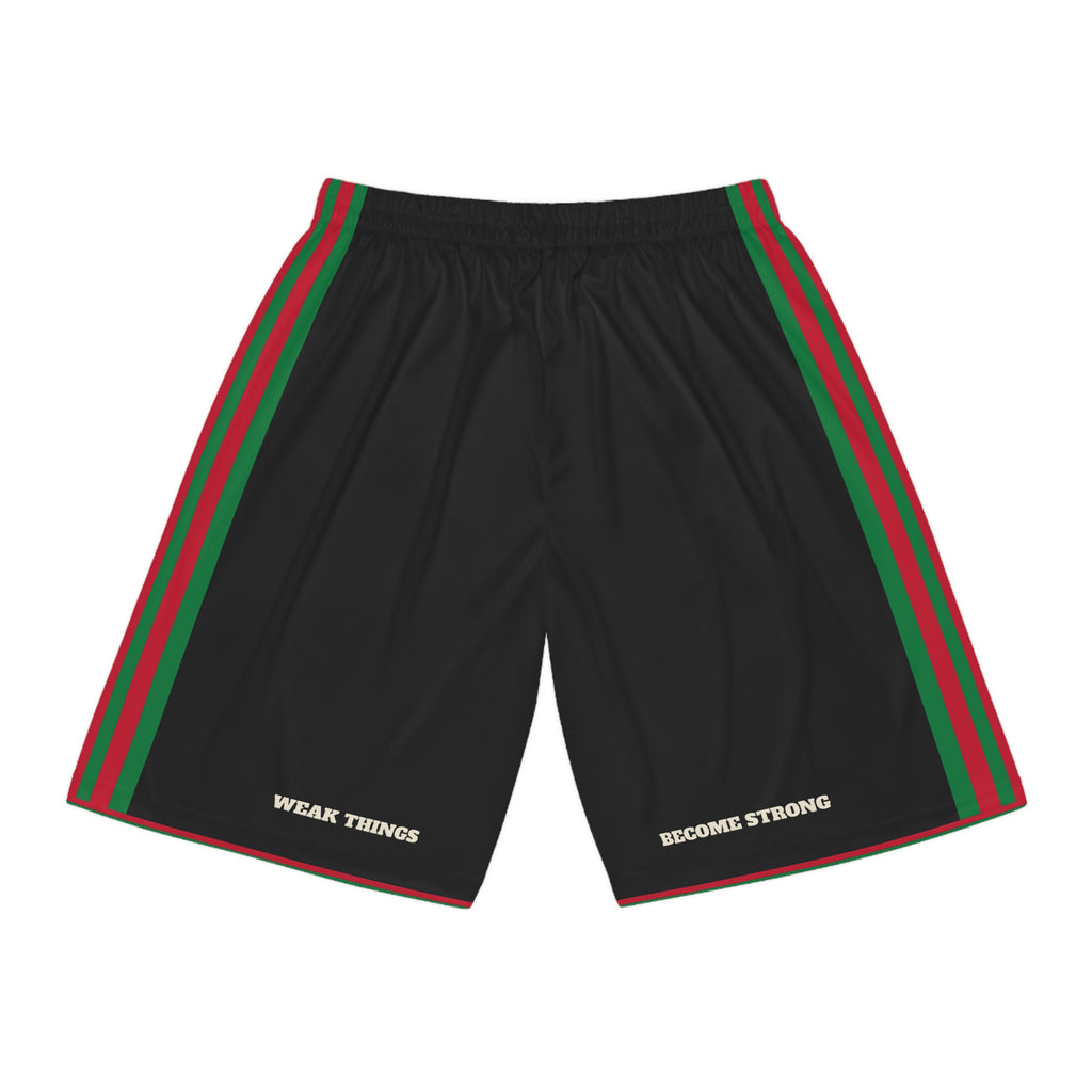 Ghana Cape Coast Mission Basketball Shorts, back view with WEAK THINGS and BECOME STRONG on the legs