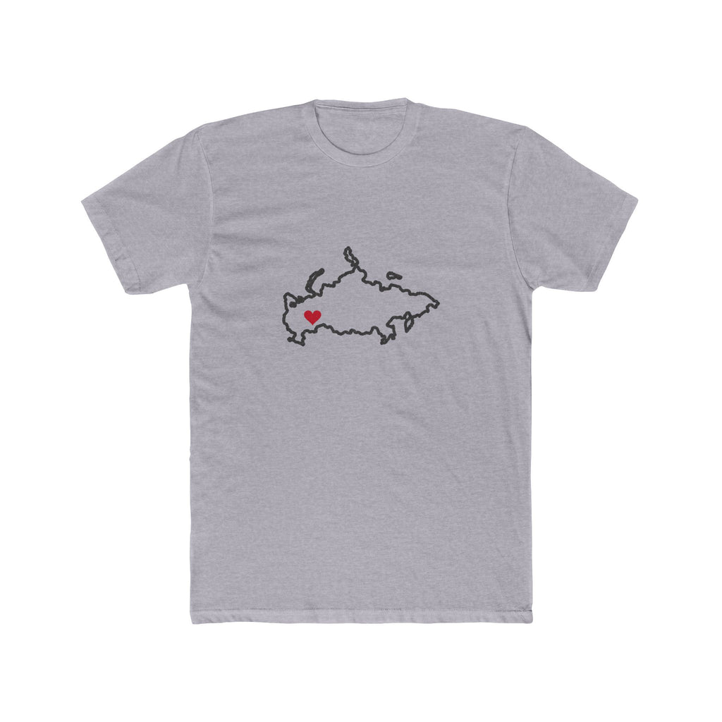 Russia Yekaterinburg Mission Heart Map shirt in Heather Grey: Russia outline with a red heart, front view