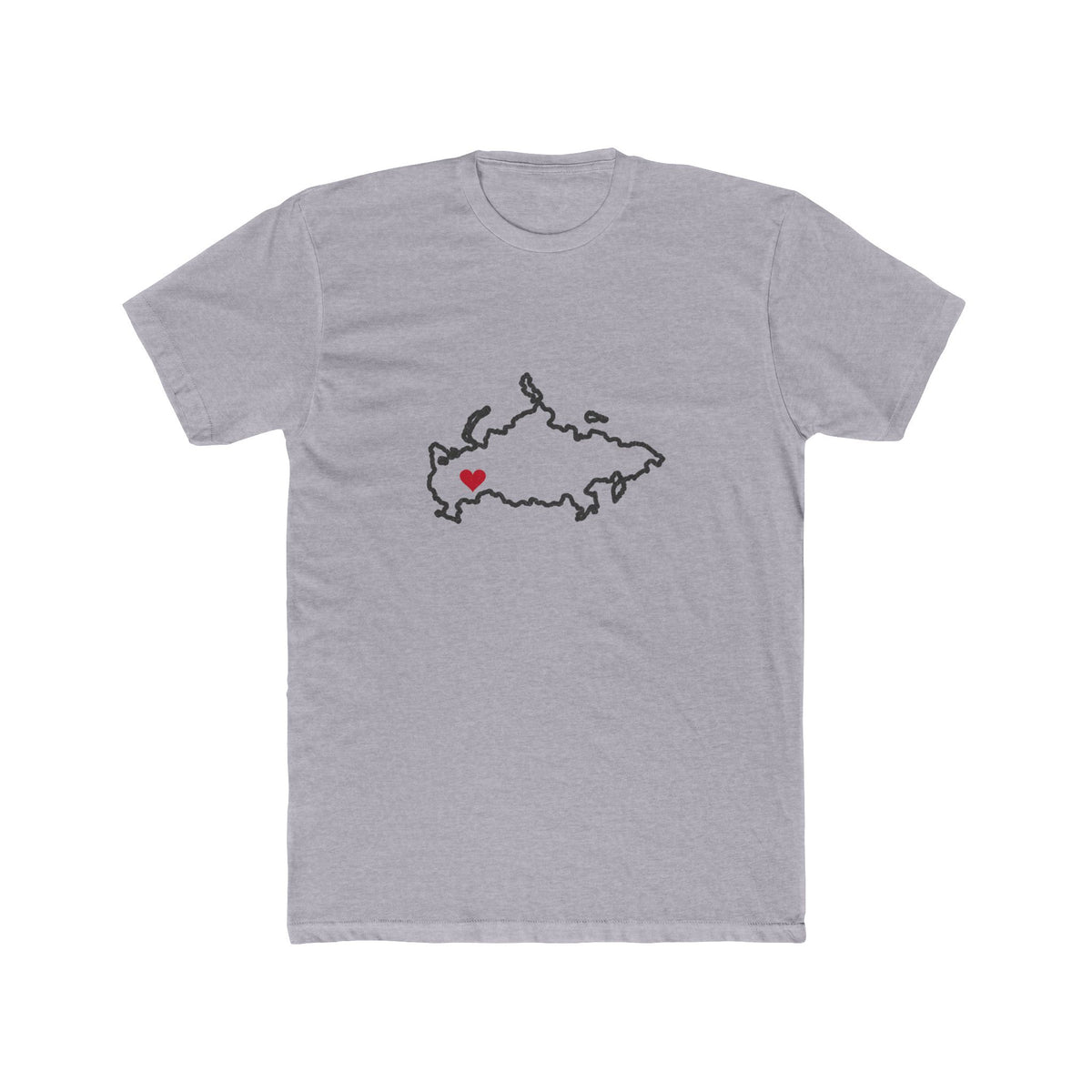 Russia Yekaterinburg Mission Heart Map shirt in Heather Grey: Russia outline with a red heart, front view