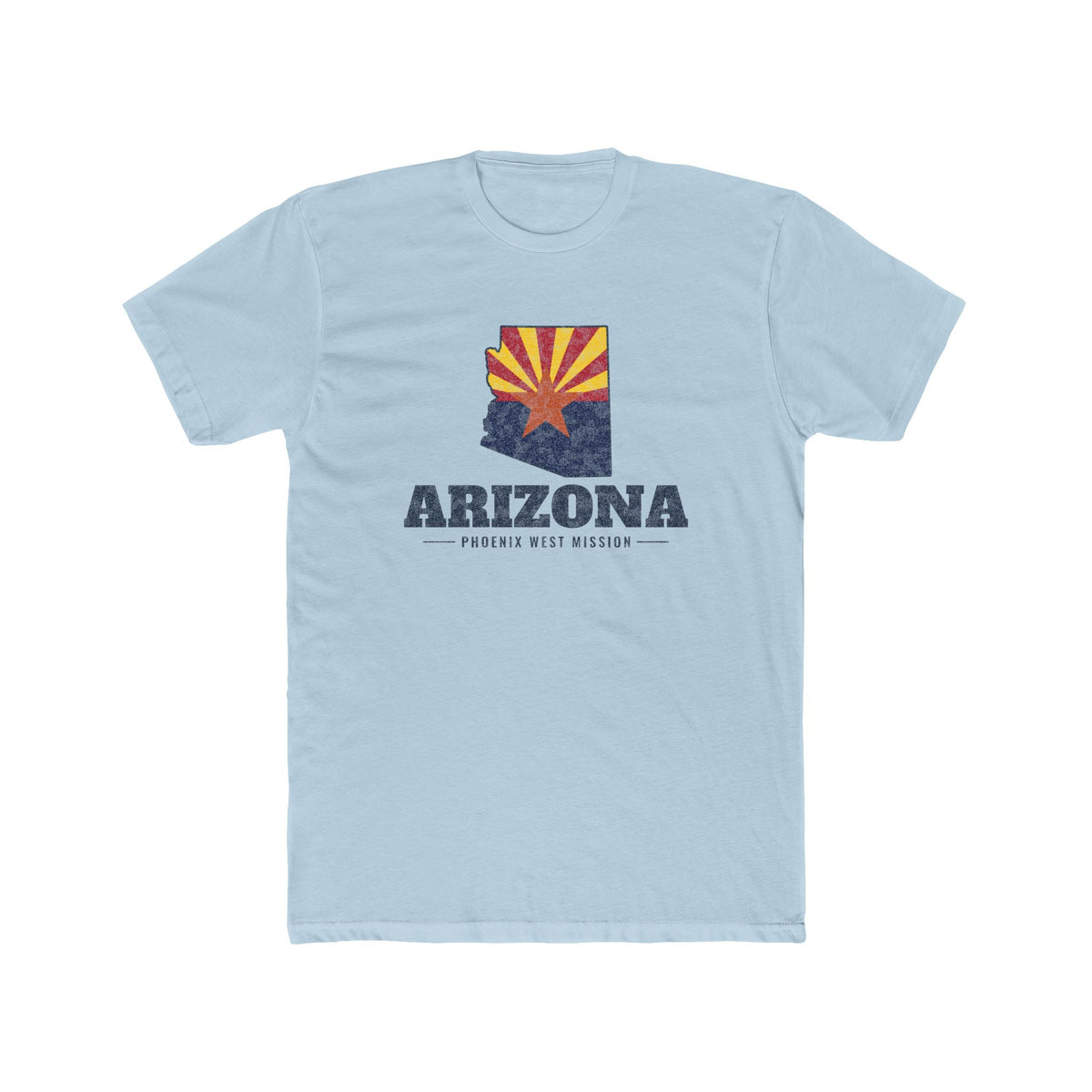 Arizona Phoenix West Mission Flag Map shirt in Desert Pink: Arizona state flag in the outline of Arizona with navy lettering, front view