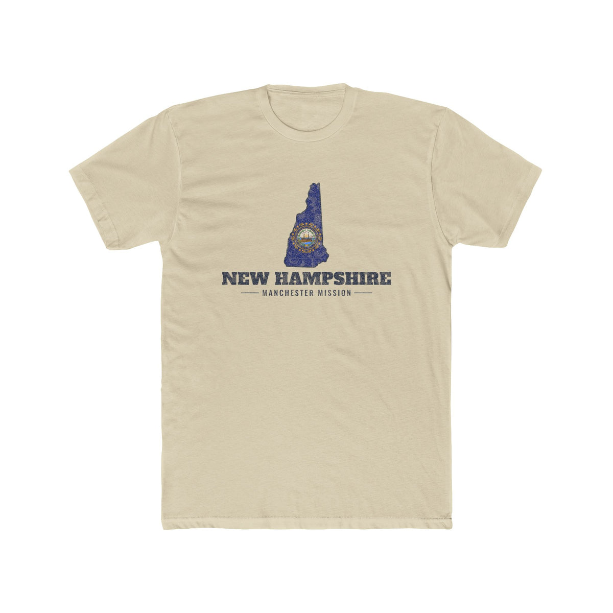 New Hampshire Manchester Mission Flag Map shirt in Cream: New Hampshire state flag in the outline of New Hampshire with navy lettering, front view