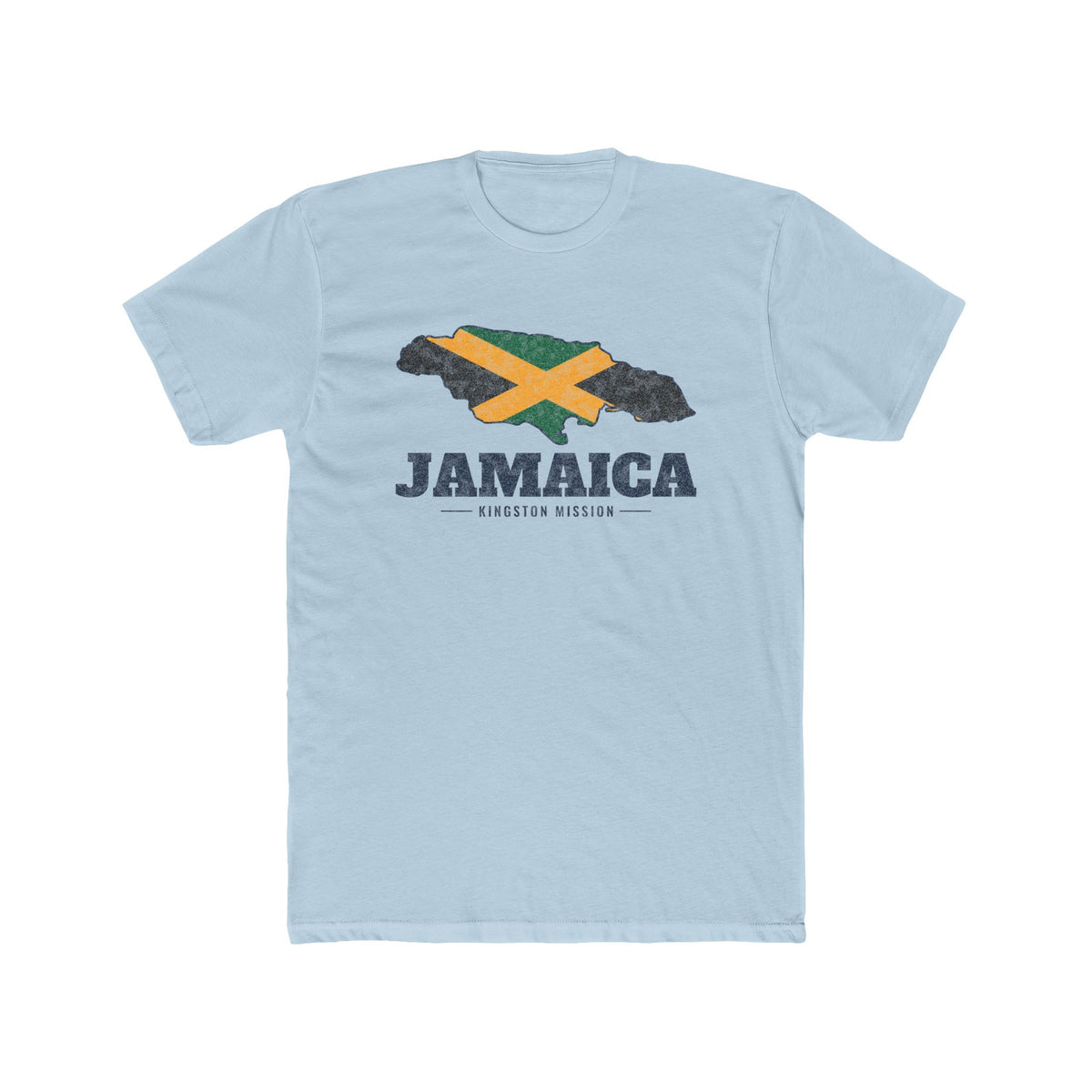 Jamaica Kingston Mission Flag Map shirt in Desert Pink: flag of Jamaica in the outline of Jamaica with navy lettering, front view