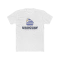 Uruguay Montevideo West Mission Flag Map shirt in White: flag of Uruguay in the outline of Uruguay with navy lettering, front view