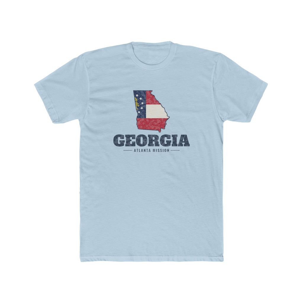 Georgia Atlanta Mission Flag Map shirt in Desert Pink: Georgia state flag in the outline of Georgia with navy lettering, front view