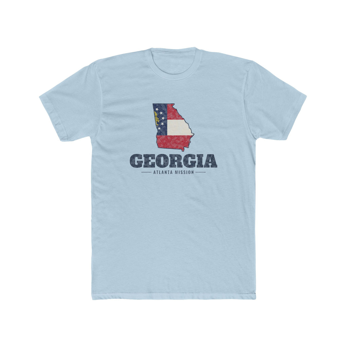 Georgia Atlanta Mission Flag Map shirt in Desert Pink: Georgia state flag in the outline of Georgia with navy lettering, front view