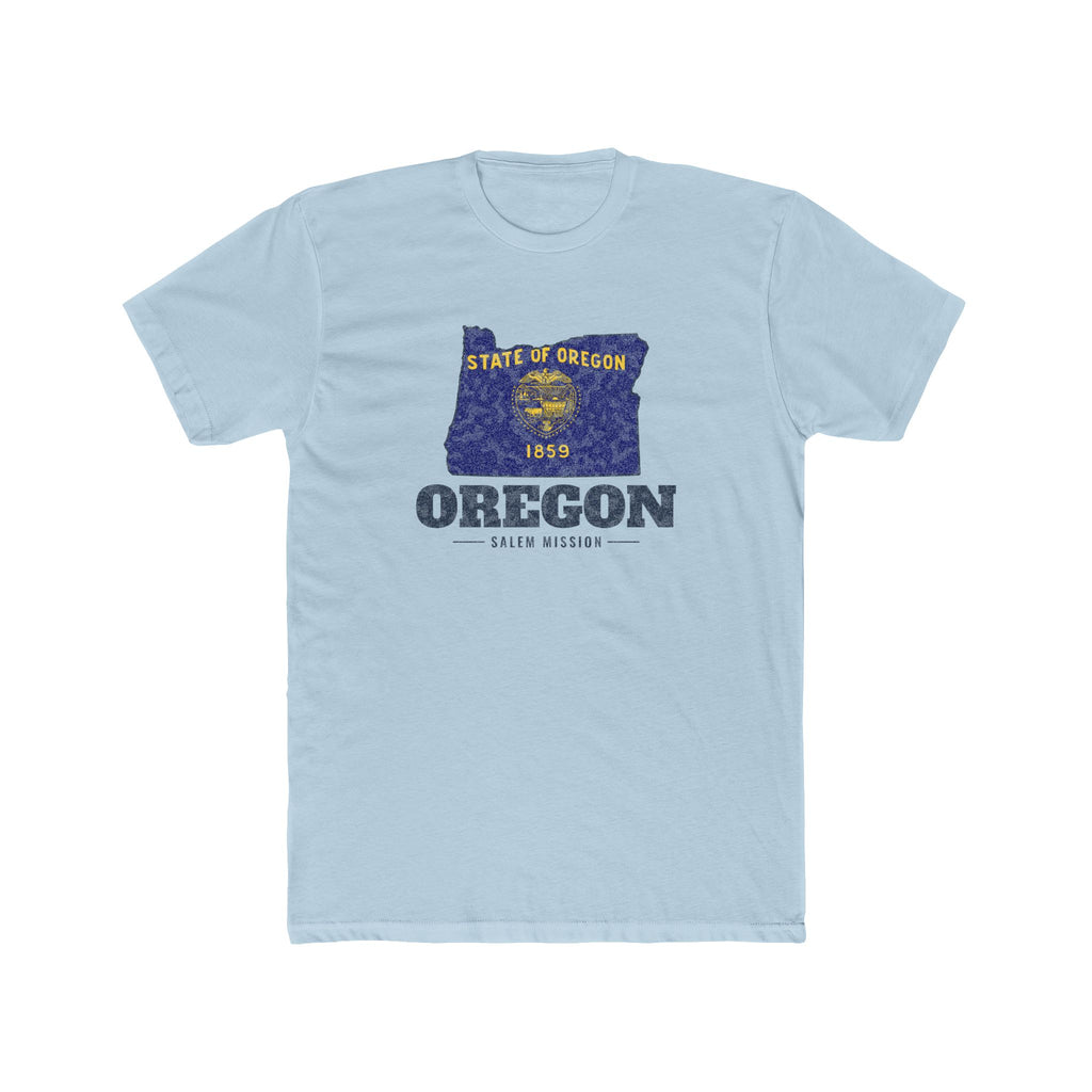 Oregon Salem Mission Flag Map shirt in Desert Pink: Oregon state flag in the outline of Oregon with navy lettering, front view