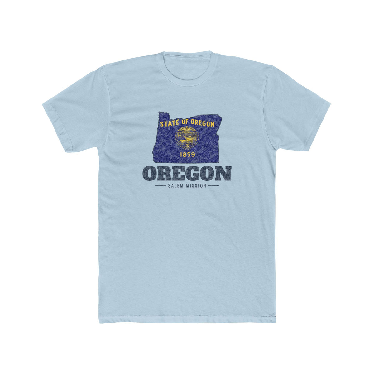 Oregon Salem Mission Flag Map shirt in Desert Pink: Oregon state flag in the outline of Oregon with navy lettering, front view