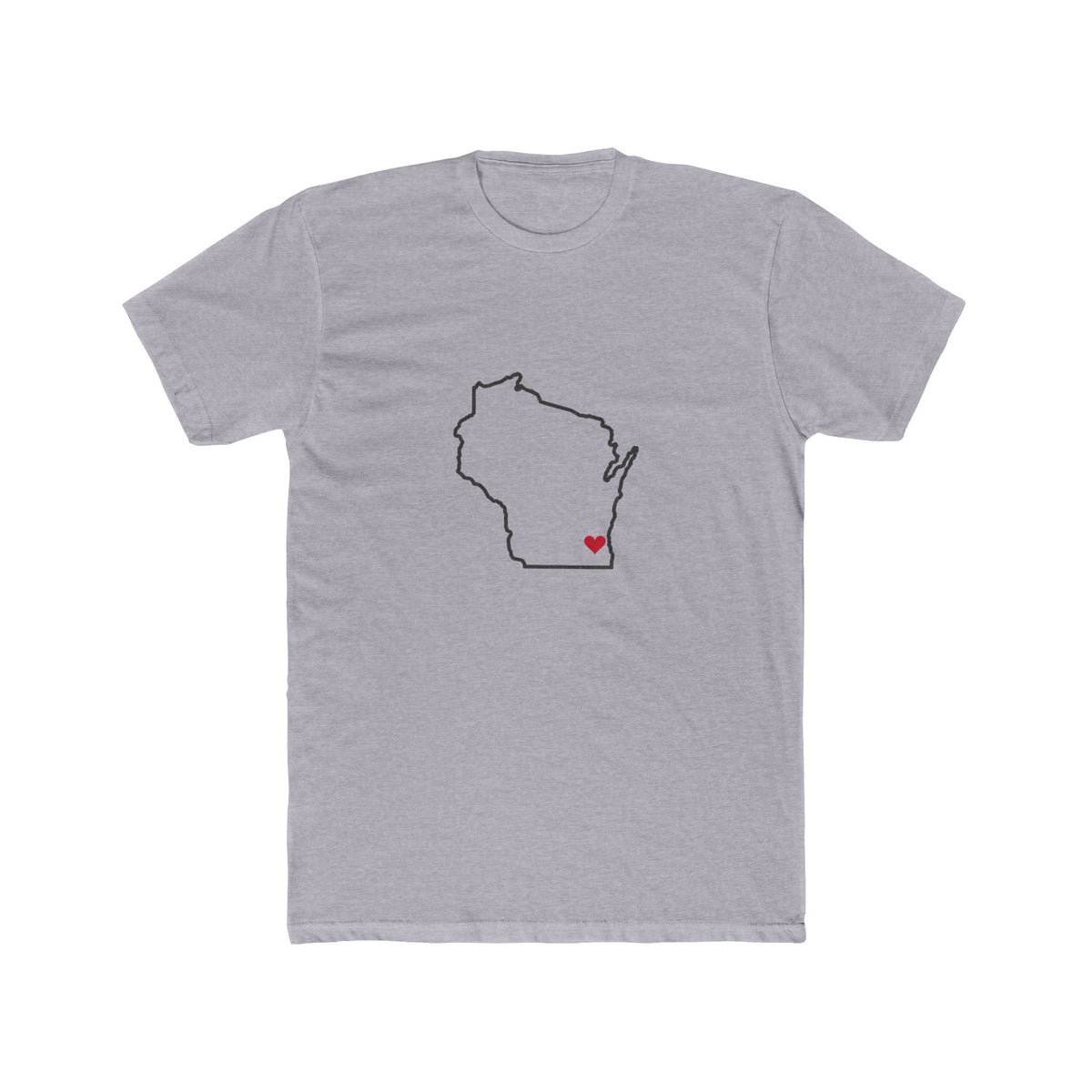 Wisconsin Milwaukee Mission Heart Map shirt in Heather Grey: Wisconsin outline with a red heart, front view