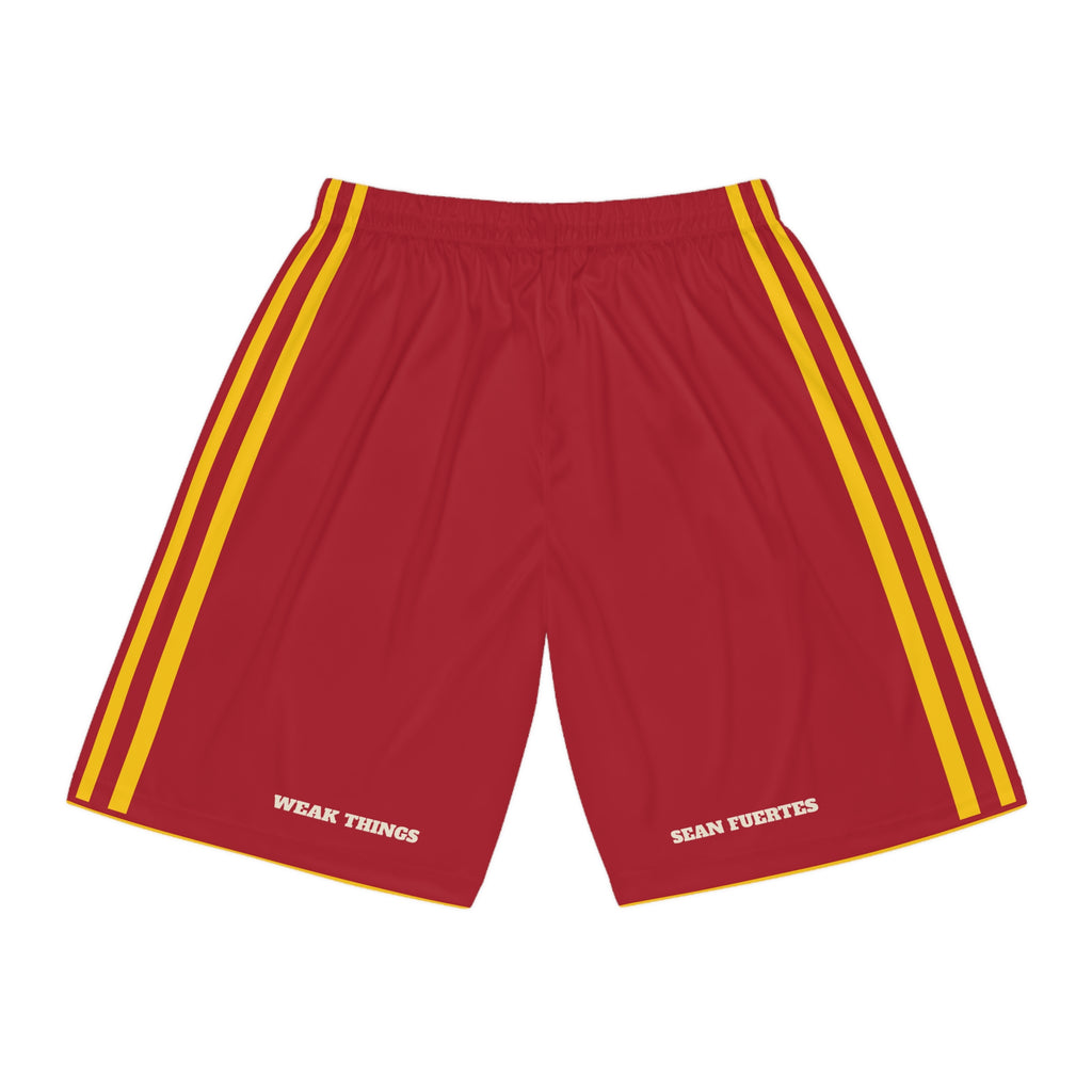 Spain Madrid North Mission Basketball Shorts, back view with WEAK THINGS and SEAN FUERTES on the legs