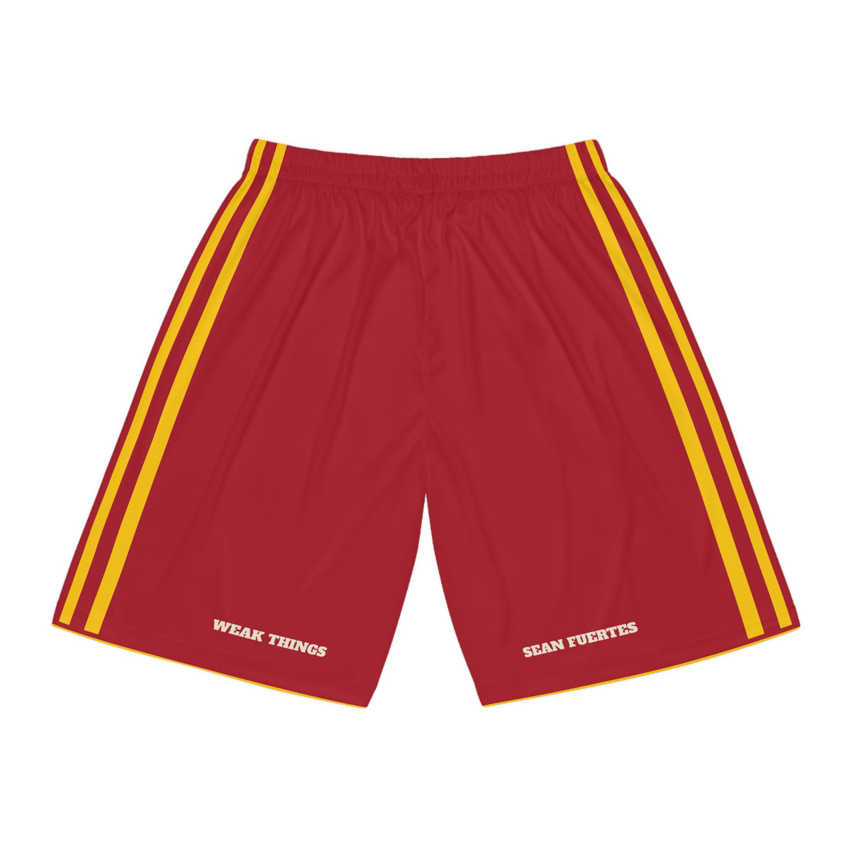 Spain Madrid North Mission Basketball Shorts, back view with WEAK THINGS and SEAN FUERTES on the legs