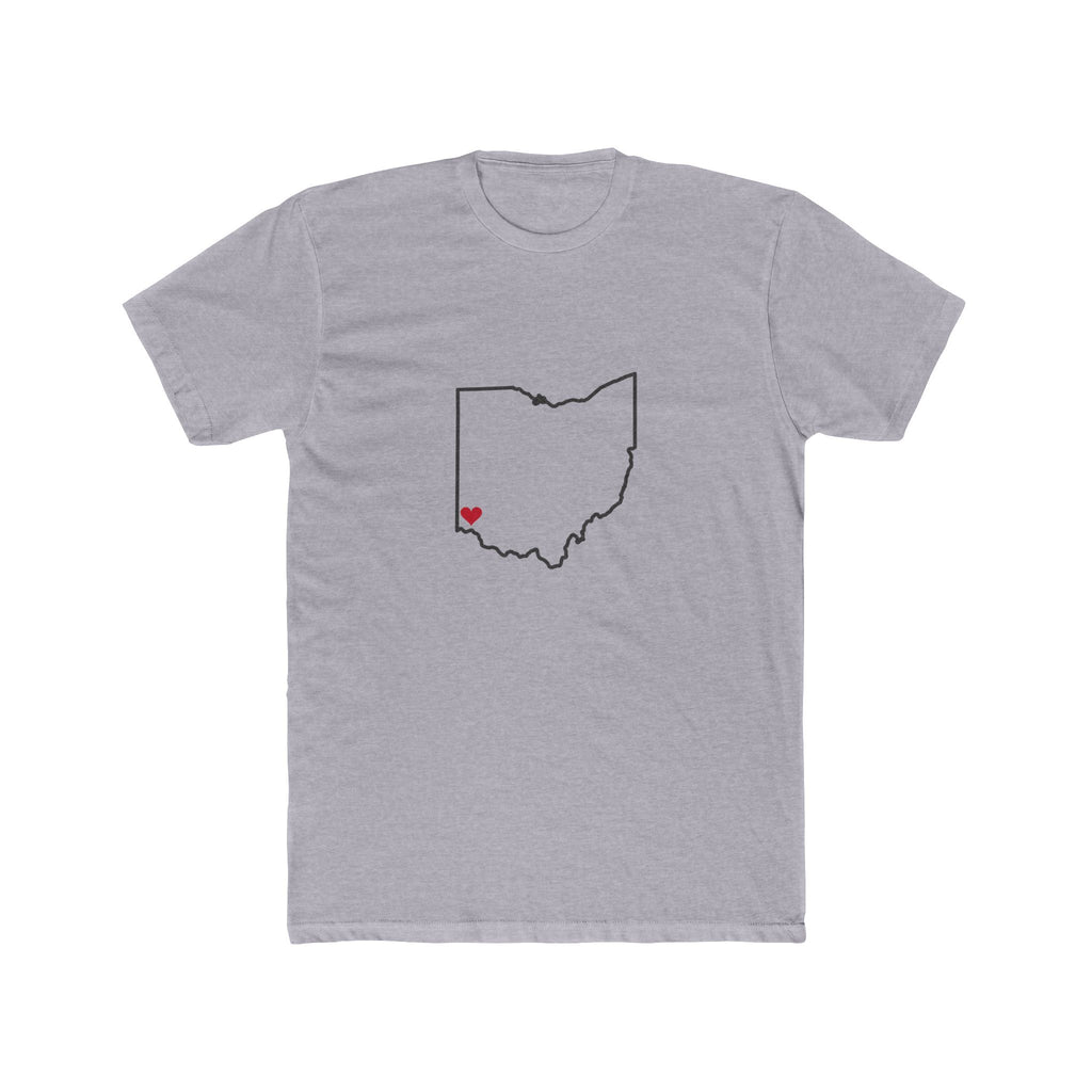 Ohio Cincinnati Mission Heart Map shirt in Heather Grey: Ohio outline with a red heart, front view