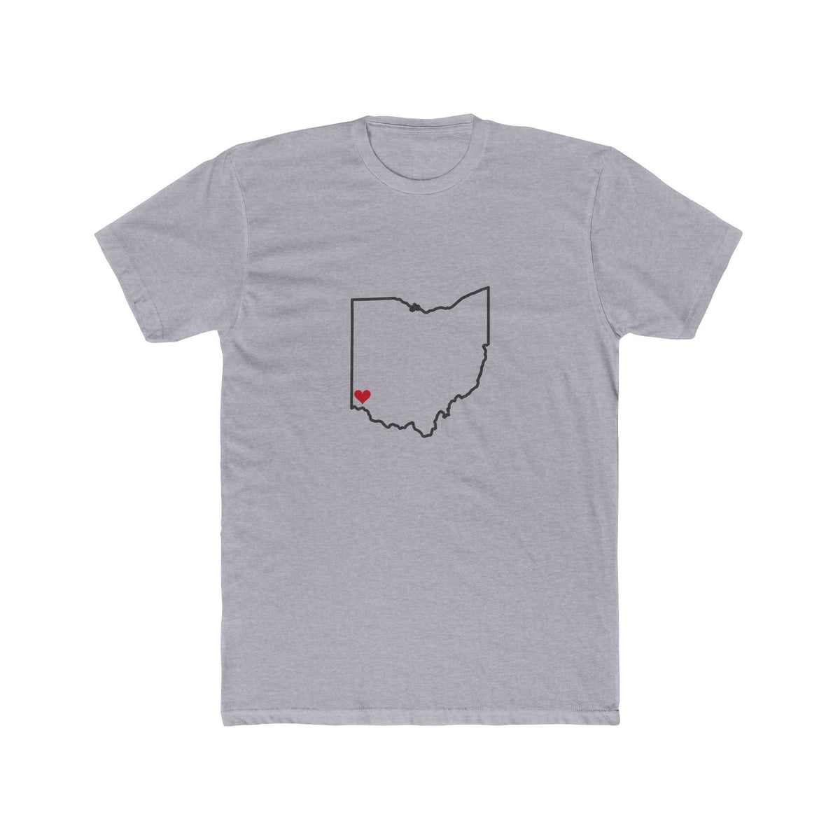 Ohio Cincinnati Mission Heart Map shirt in Heather Grey: Ohio outline with a red heart, front view