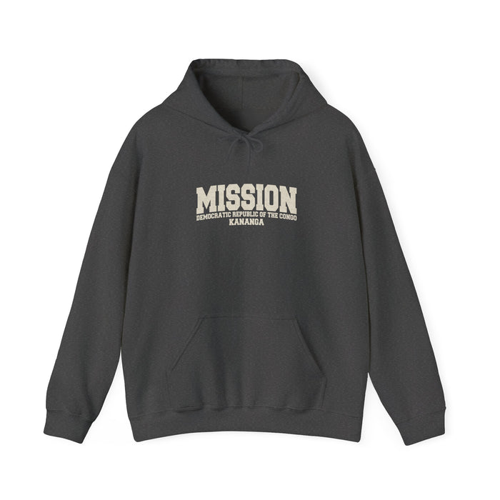 Democratic Republic of the Congo Kananga Mission Hoodie in Dark Heather, front view with the varsity mission design