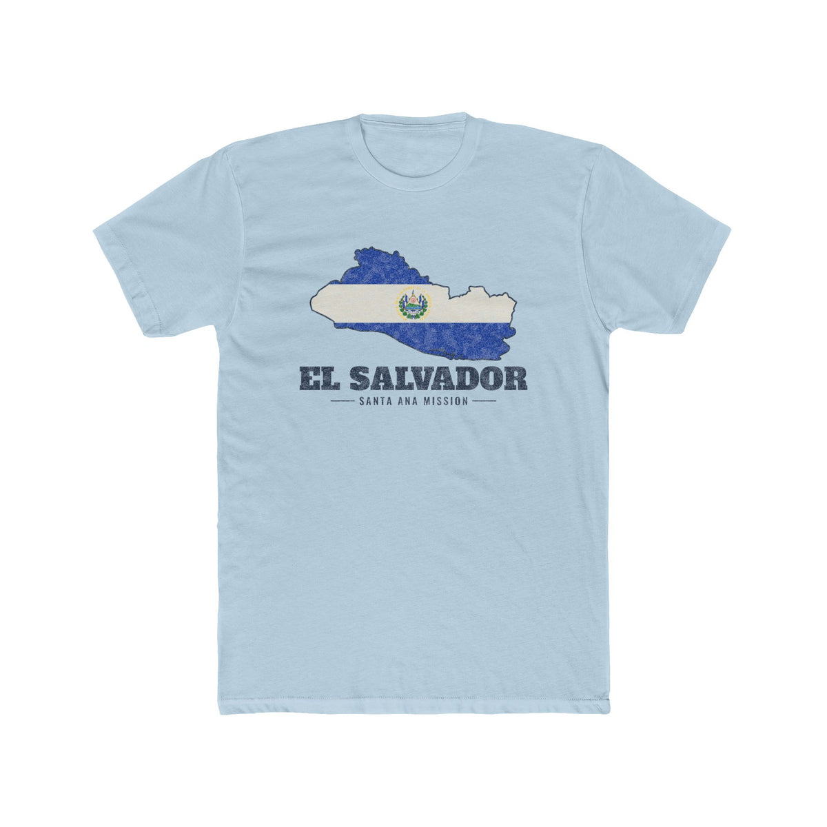 El Salvador Santa Ana Mission Flag Map shirt in Desert Pink: flag of El Salvador in the outline of El Salvador with navy lettering, front view
