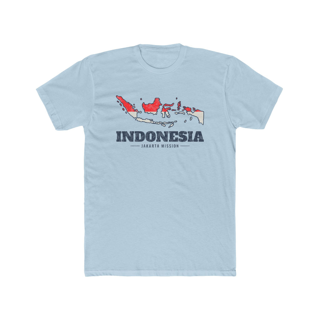 Indonesia Jakarta Mission Flag Map shirt in Desert Pink: flag of Indonesia in the outline of Indonesia with navy lettering, front view