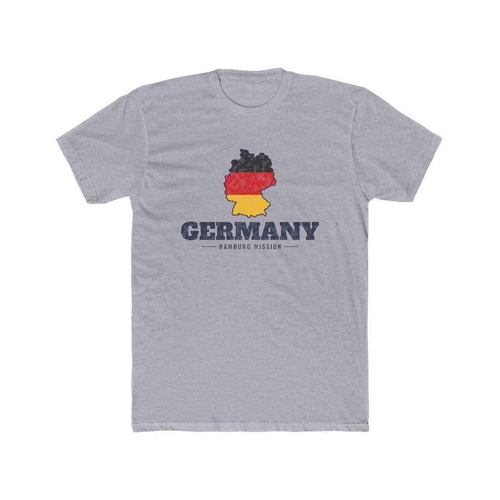 Germany Hamburg Mission Flag Map shirt in Heather Grey: flag of Germany in the outline of Germany with navy lettering, front view