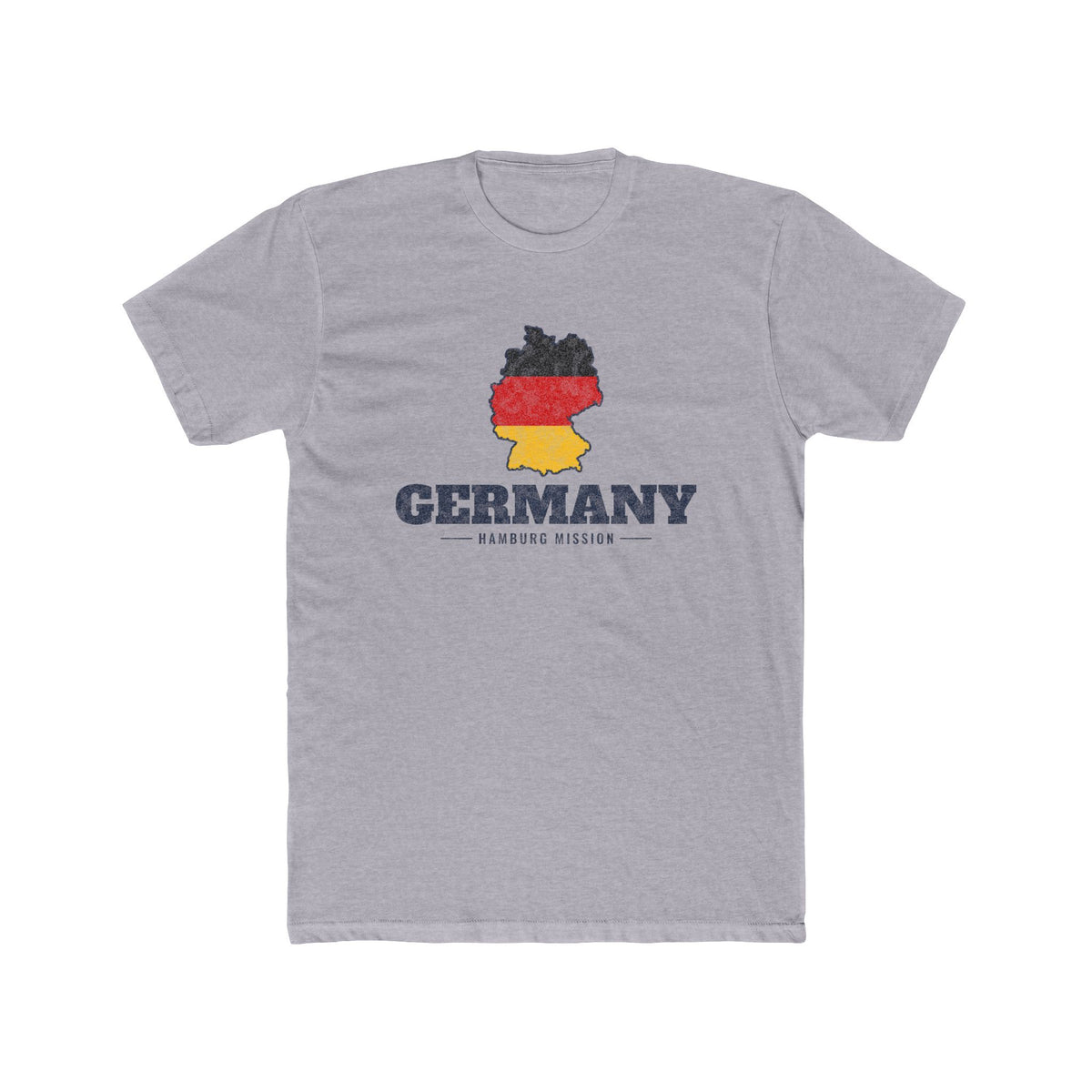 Germany Hamburg Mission Flag Map shirt in Heather Grey: flag of Germany in the outline of Germany with navy lettering, front view