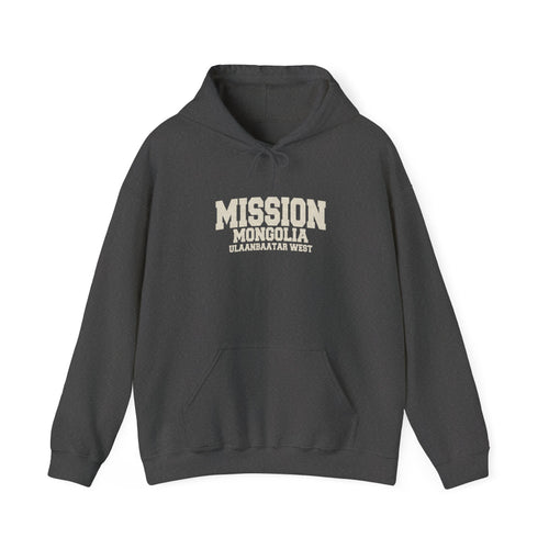 Mongolia Ulaanbaatar West Mission Hoodie in Dark Heather, front view with the varsity mission design