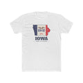 Iowa Iowa City Mission Flag Map shirt in White: Iowa state flag in the outline of Iowa with navy lettering, front view