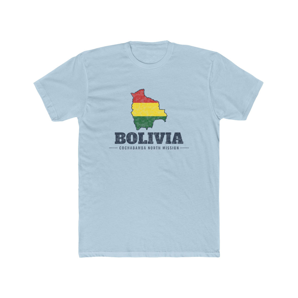 Bolivia Cochabamba North Mission Flag Map shirt in Desert Pink: flag of Bolivia in the outline of Bolivia with navy lettering, front view