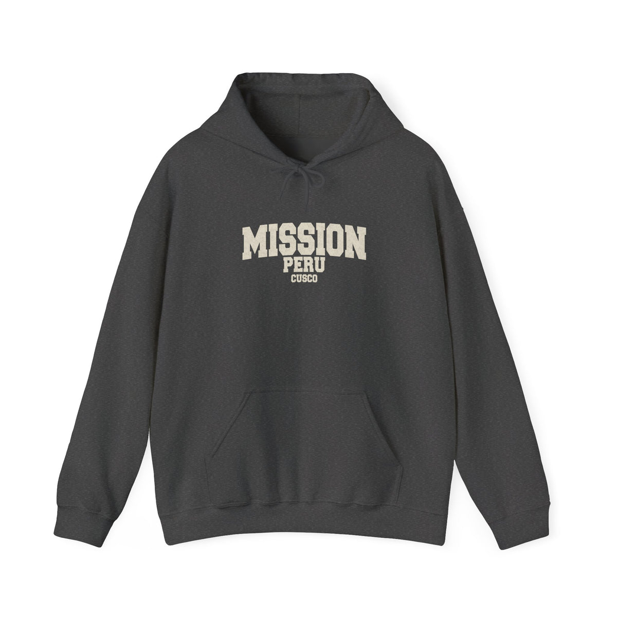 Peru Cusco Mission Hoodie in Dark Heather, front view with the varsity mission design