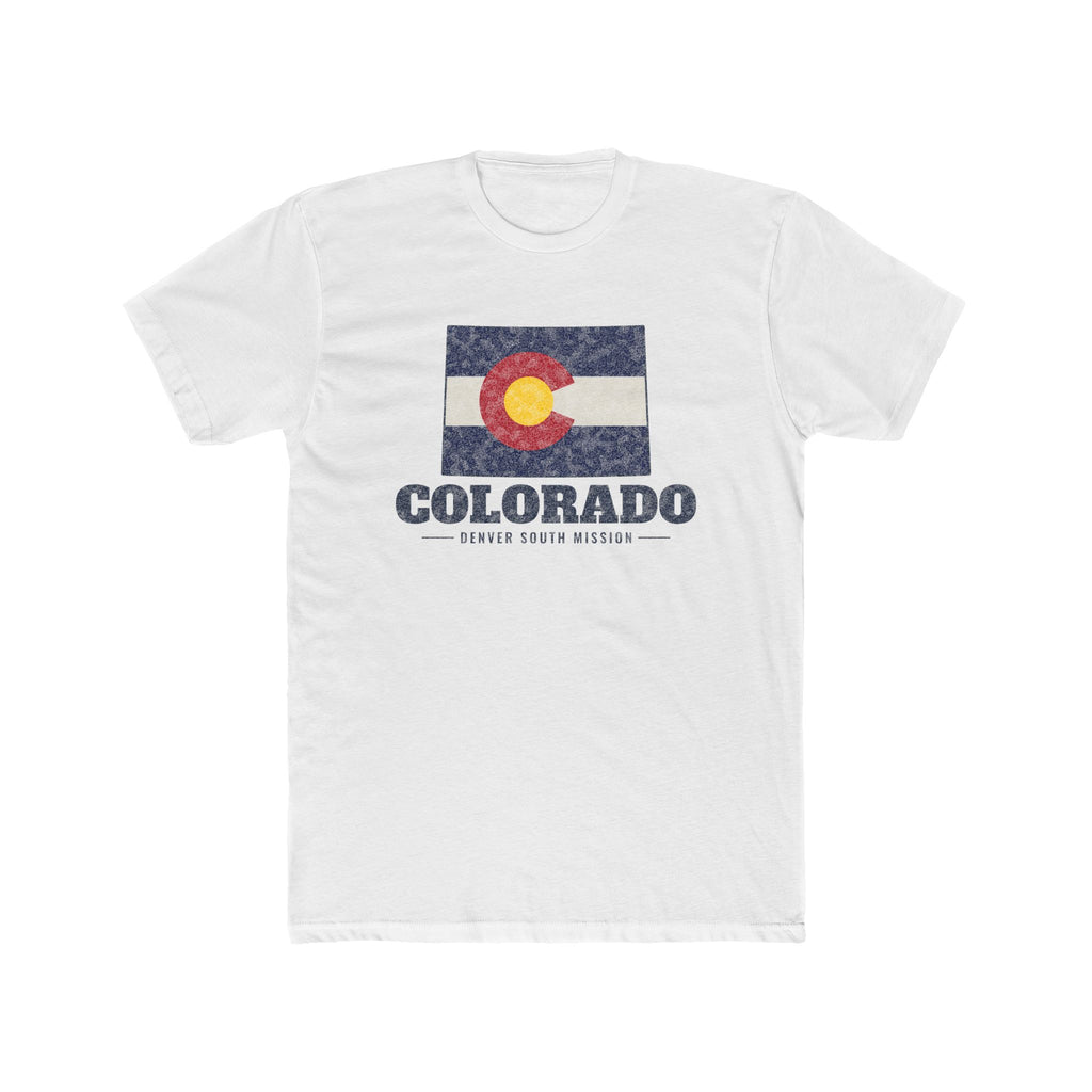 Colorado Denver South Mission Flag Map shirt in White: Colorado state flag in the outline of Colorado with navy lettering, front view
