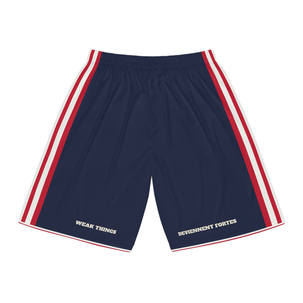 France Lyon Mission Basketball Shorts, back view with WEAK THINGS and DEVIENNENT FORTES on the legs