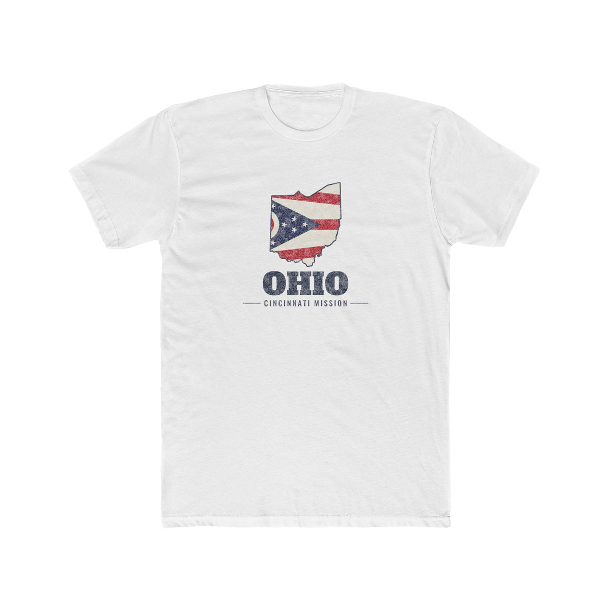Ohio Cincinnati Mission Flag Map shirt in White: Ohio state flag in the outline of Ohio with navy lettering, front view