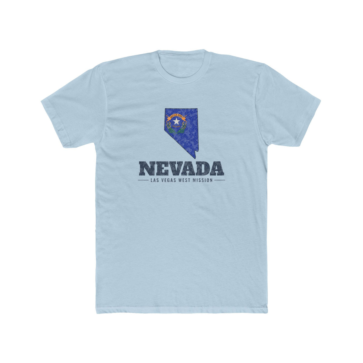 Nevada Las Vegas West Mission Flag Map shirt in Desert Pink: Nevada state flag in the outline of Nevada with navy lettering, front view