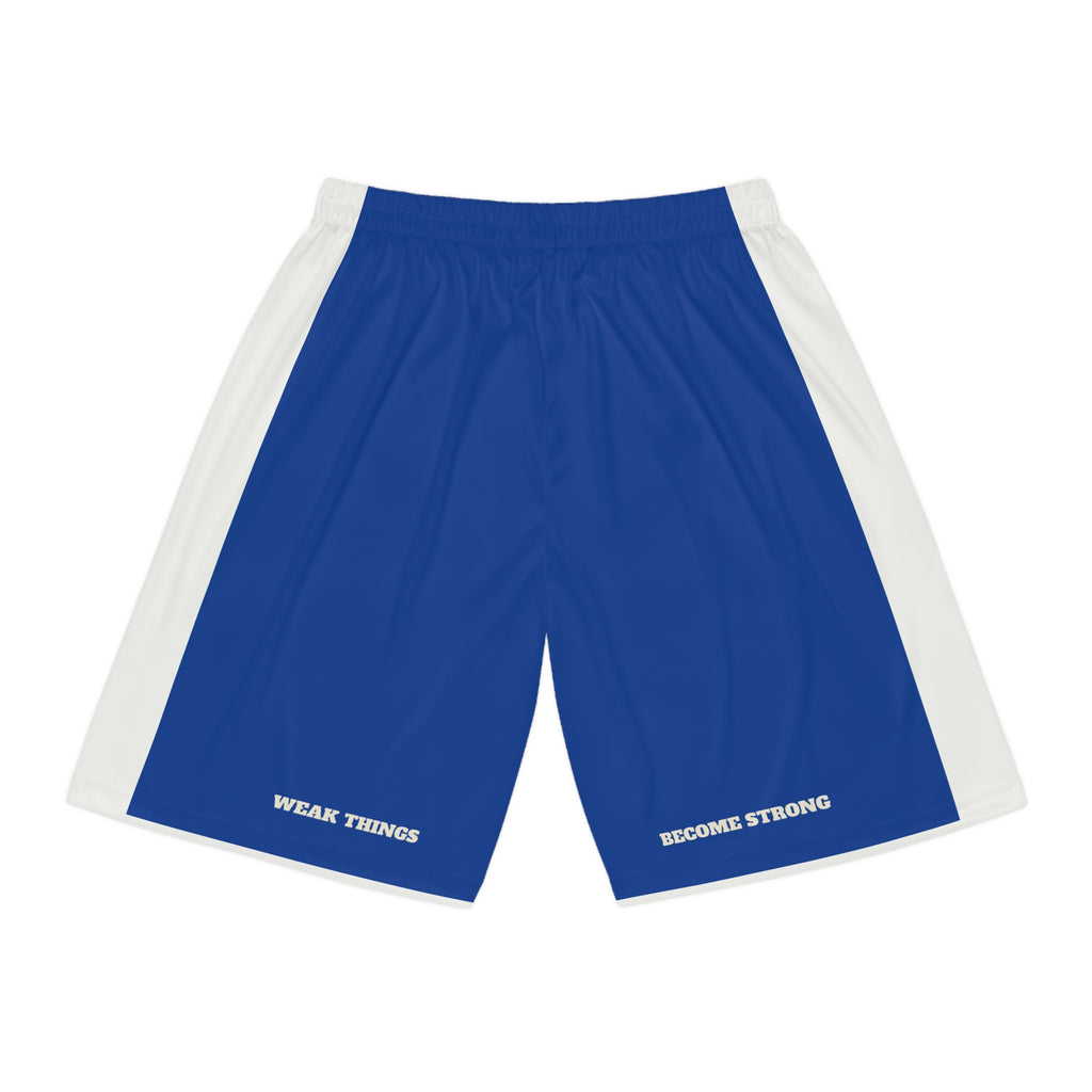 Scotland/Ireland Mission Basketball Shorts, back view with WEAK THINGS and BECOME STRONG on the legs