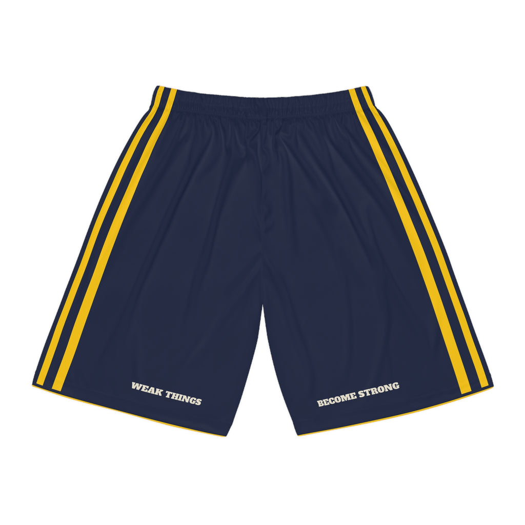 Oregon Portland Mission Basketball Shorts, back view with WEAK THINGS and BECOME STRONG on the legs
