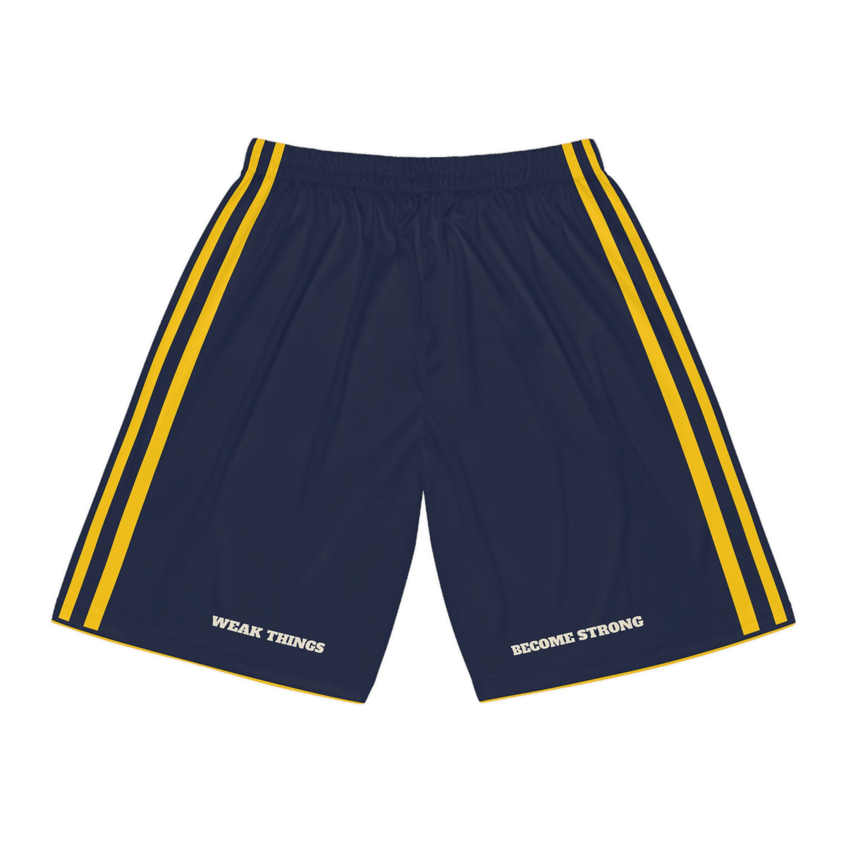 Oregon Portland Mission Basketball Shorts, back view with WEAK THINGS and BECOME STRONG on the legs
