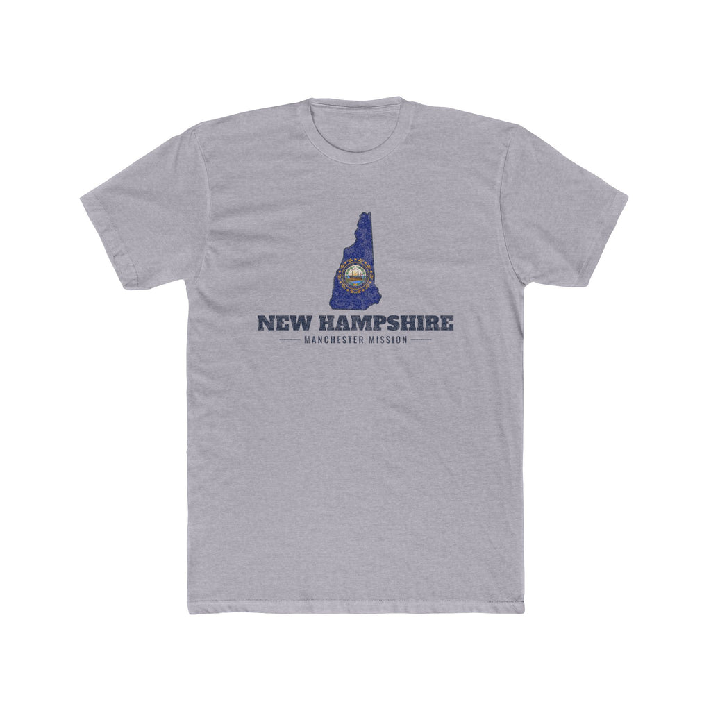 New Hampshire Manchester Mission Flag Map shirt in Heather Grey: New Hampshire state flag in the outline of New Hampshire with navy lettering, front view