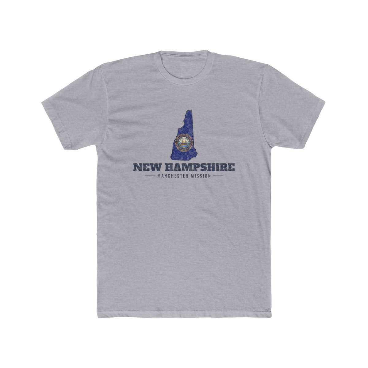New Hampshire Manchester Mission Flag Map shirt in Heather Grey: New Hampshire state flag in the outline of New Hampshire with navy lettering, front view