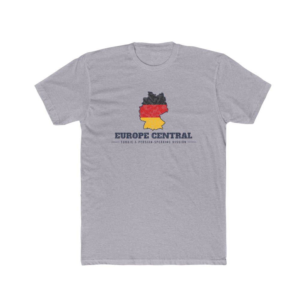 Europe Central Turkic and Persian-Speaking Mission Flag Map shirt in Heather Grey: German flag in the outline of Germany with navy lettering, front view