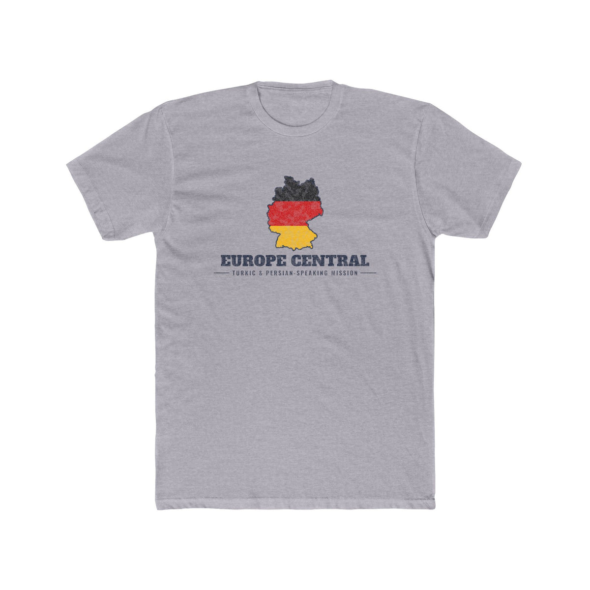 Europe Central Turkic and Persian-Speaking Mission Flag Map shirt in Heather Grey: German flag in the outline of Germany with navy lettering, front view