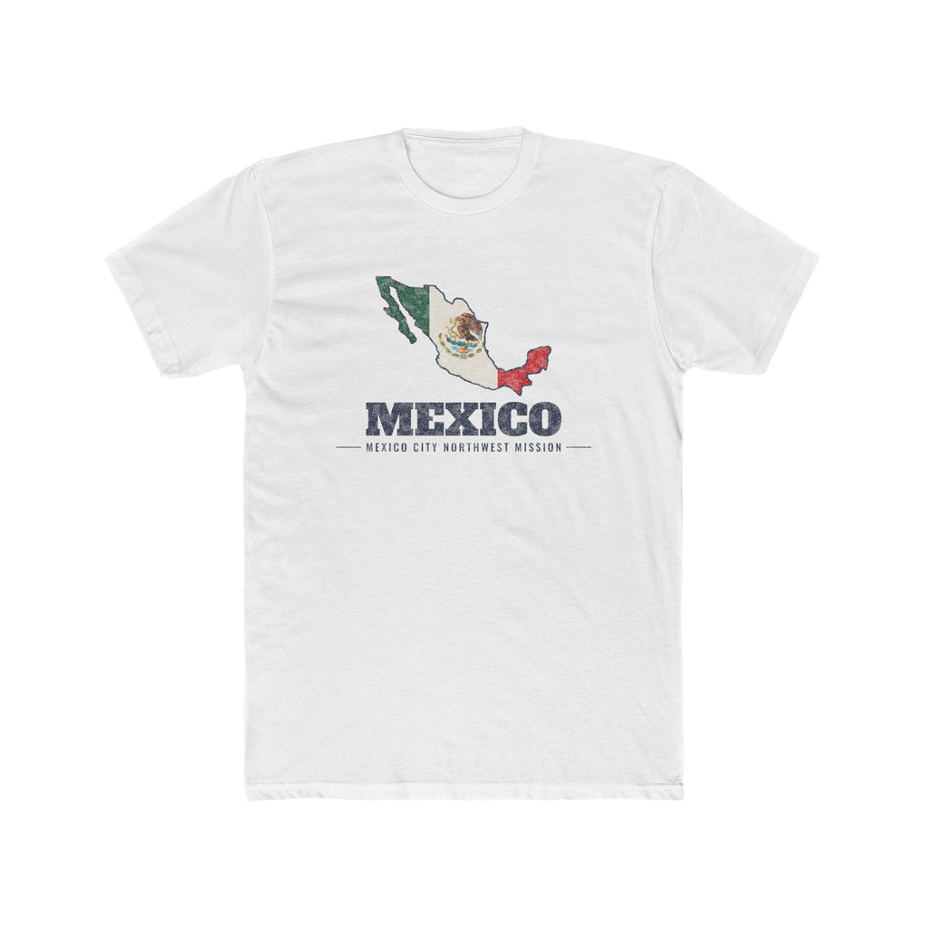 Mexico Mexico City Northwest Mission Flag Map shirt in White: flag of Mexico in the outline of Mexico with navy lettering, front view