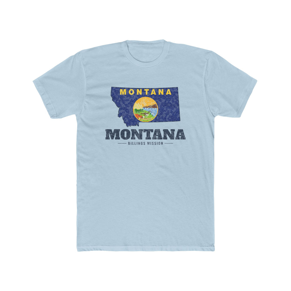 Montana Billings Mission Flag Map shirt in Desert Pink: Montana state flag in the outline of Montana with navy lettering, front view