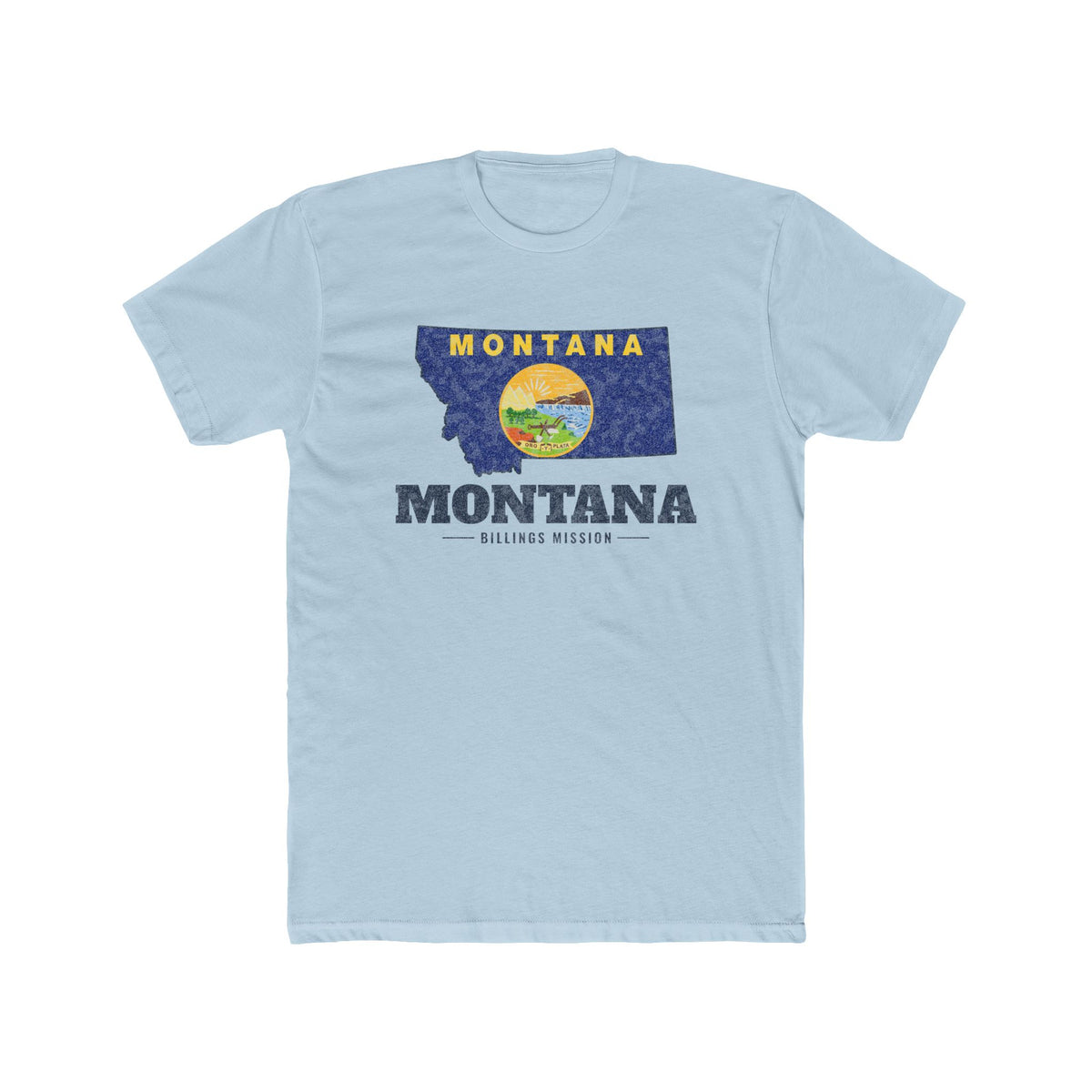 Montana Billings Mission Flag Map shirt in Desert Pink: Montana state flag in the outline of Montana with navy lettering, front view