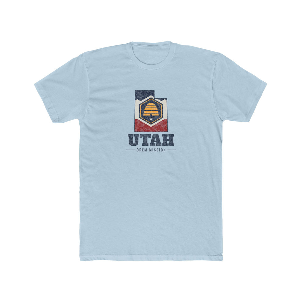 Utah Orem Mission Flag Map shirt in Desert Pink: Utah state flag in the outline of Utah with navy lettering, front view