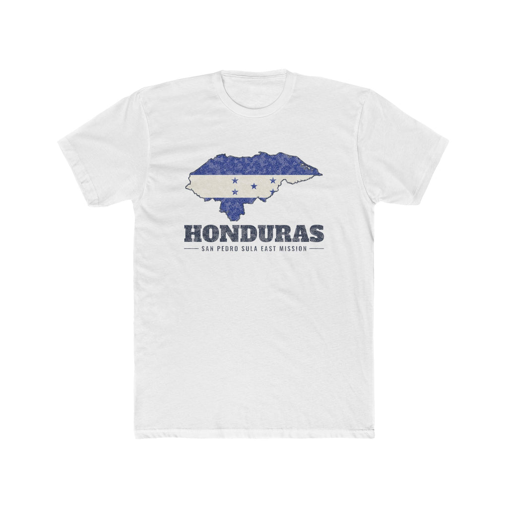 Honduras San Pedro Sula East Mission Flag Map shirt in White: flag of Honduras in the outline of Honduras with navy lettering, front view