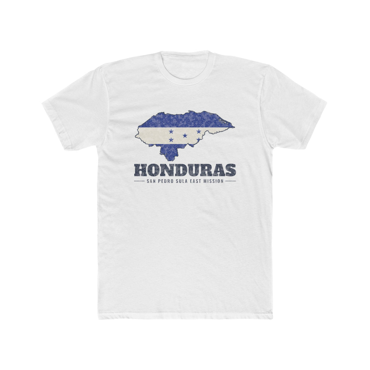 Honduras San Pedro Sula East Mission Flag Map shirt in White: flag of Honduras in the outline of Honduras with navy lettering, front view