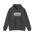 Indiana Indianapolis Mission Hoodie in Dark Heather, front view with the varsity mission design